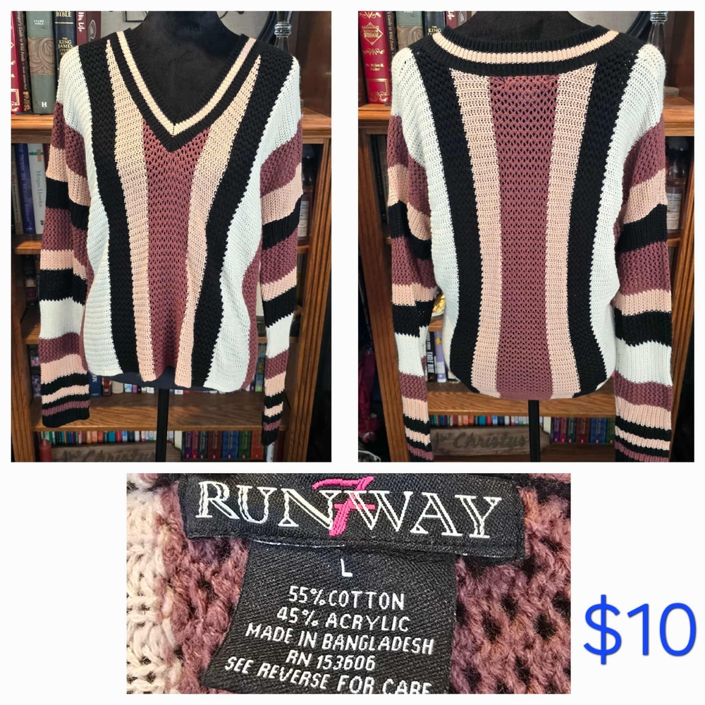 Women's Striped Sweater - Black, White, Pink